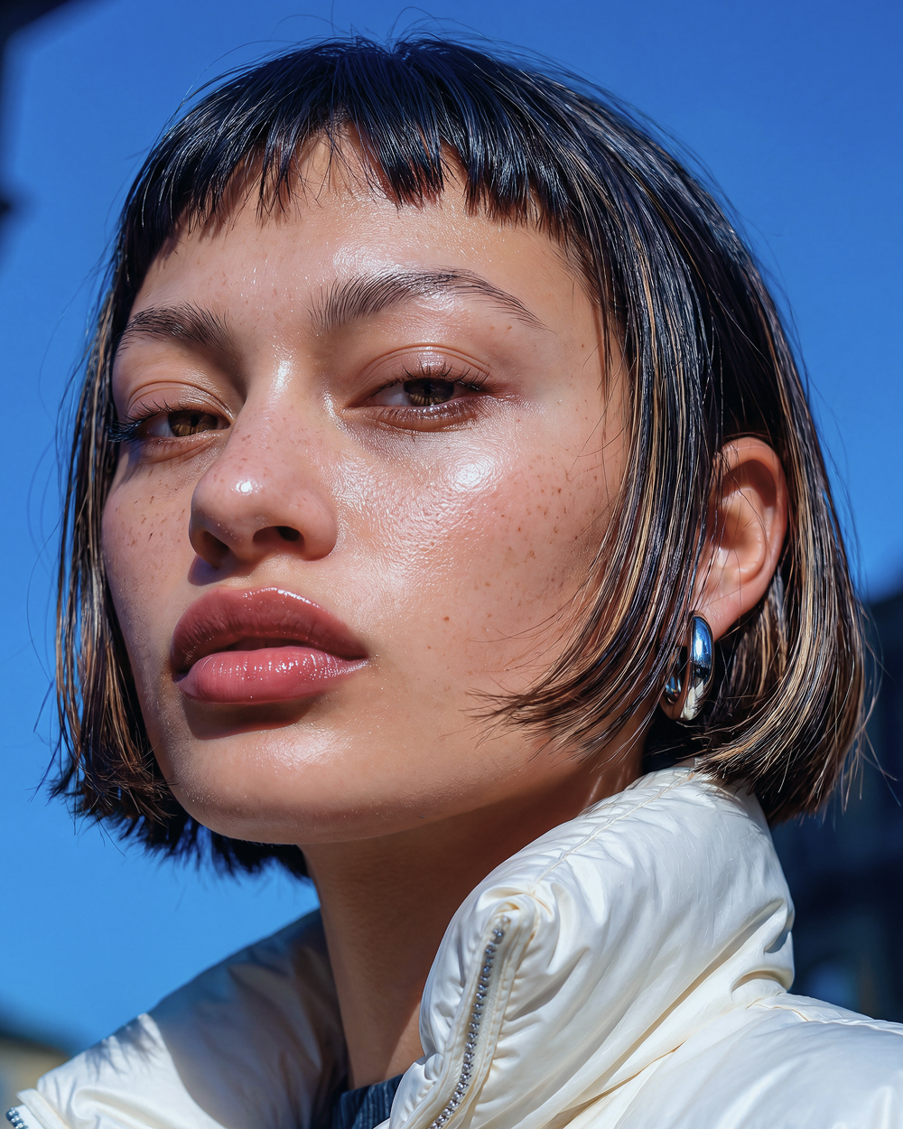 bob haircut white jacket