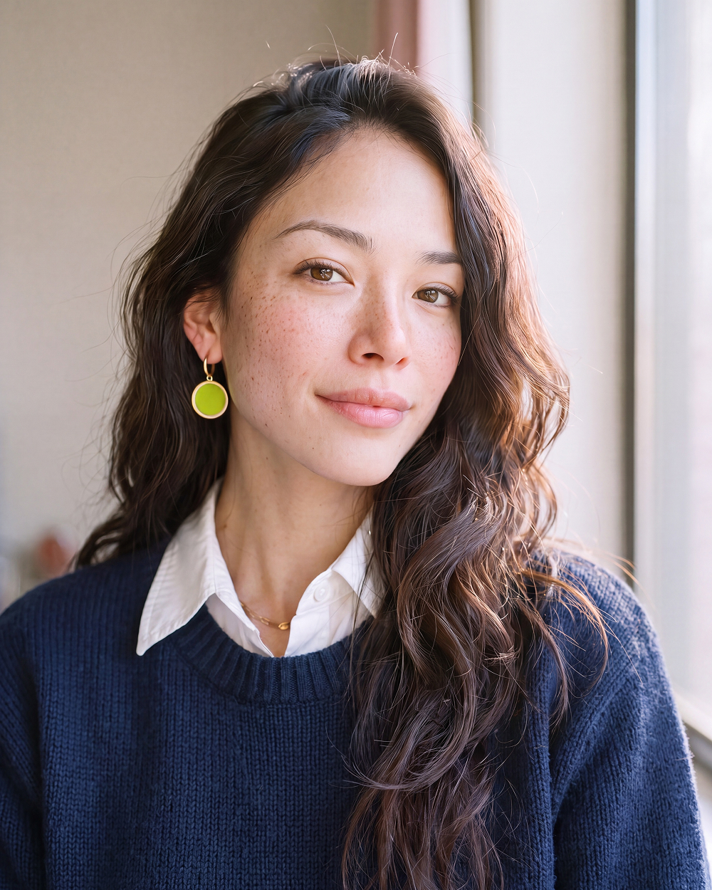 navy sweater green earring