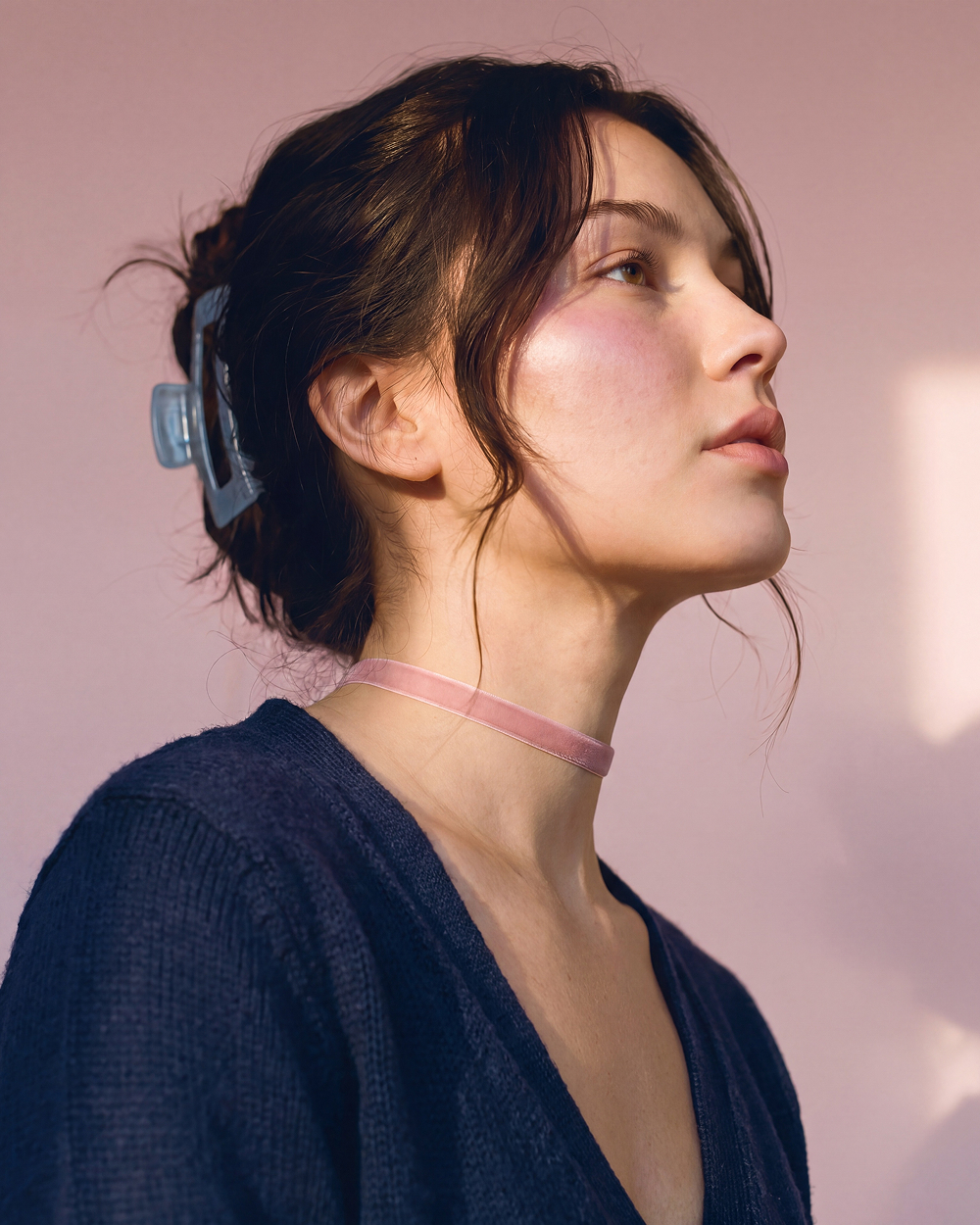 profile hair clip navy cardigan